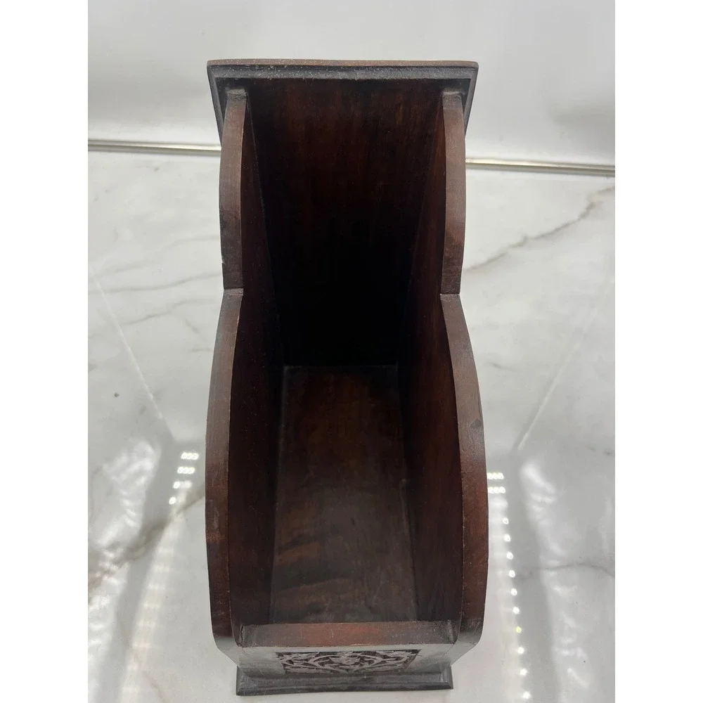 World Market Carved Mango Wood Magazine Holder Dark Brown Floral Office Storage